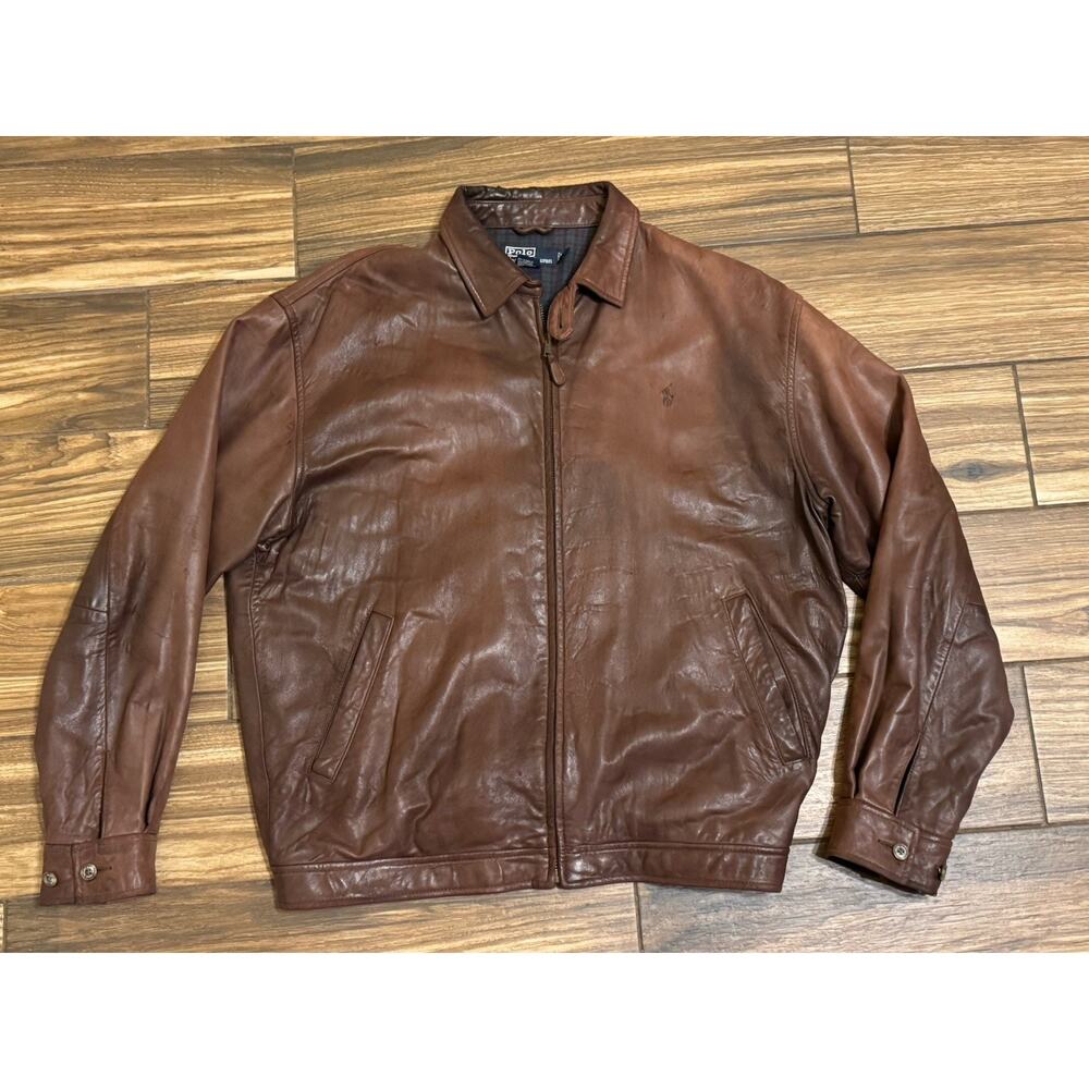 Polo Ralph Lauren Brown Leather Jacket Men L Wear At Neckline Distressed